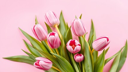 Obraz premium A delightful bouquet of pink tulips sits on a soft pink background perfect for sp or Mothers Day cards.