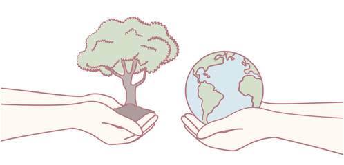 An illustration of hands holding a tree and Earth, symbolizing environmental care for future generations