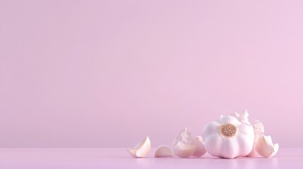 Fresh garlic cloves on a pastel pink background