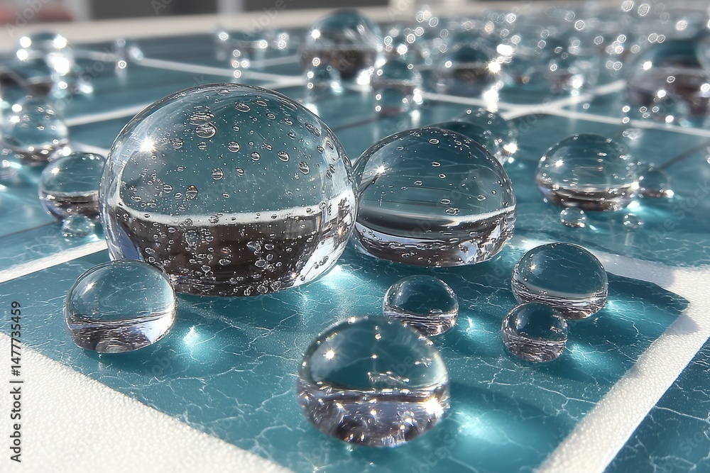 Poster clear water droplets resting on a blue, grid-patterned, glossy surface reflecting light and creating
