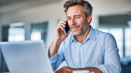 Professional businessman with gray hair on phone call while working on laptop. Executive in blue shirt engaged in business conversation with confident smile. Corporate manager handling client