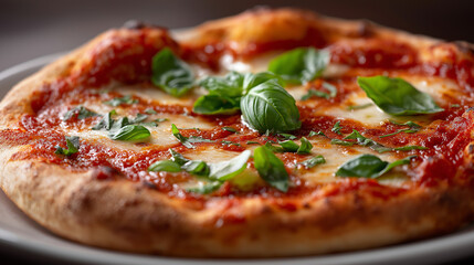 Detailaufnahme einer Pizza Margherita mit frischem Basilikum, knusprigem Teig und geschmolzenem Mozzarella.