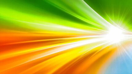 Abstract vibrant radiant burst with green orange yellow light rays. Dynamic energy motion background with colorful glowing beams. Bright luminous gradient flow pattern. Futuristic digital streaks