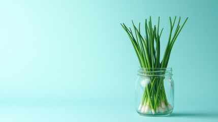 Fresh green onions in a glass jar