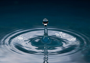 Single water drop falling into calm pond creates ripples with environmental icons of sun, tree, and leaves, symbolizing nature and sustainability in peaceful setting