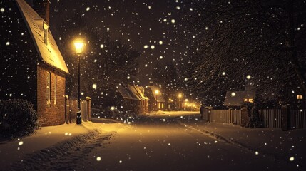 Snowy, wintry night scene of a charming village street.
