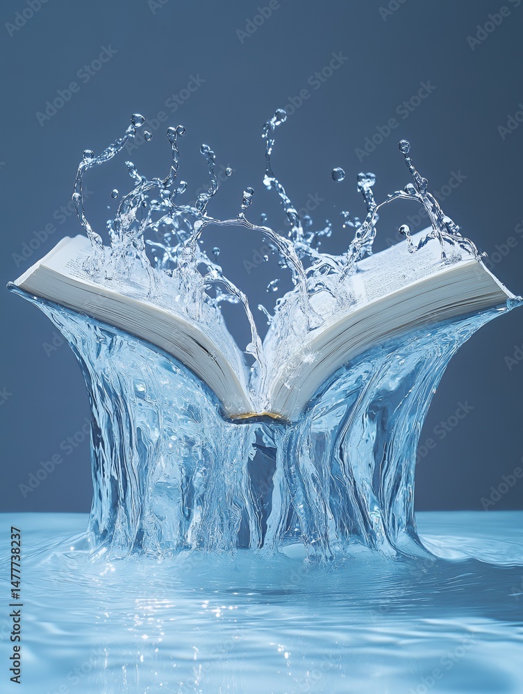 Poster a dynamic capture of water splashes creating a serene ripple effect against a calm blue background