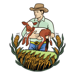 cowboy illustration logo holding a cow