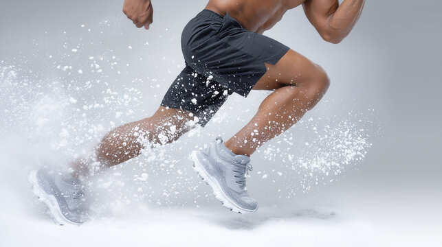 Muscular leg charging through snow, flying flakes, athletic drive