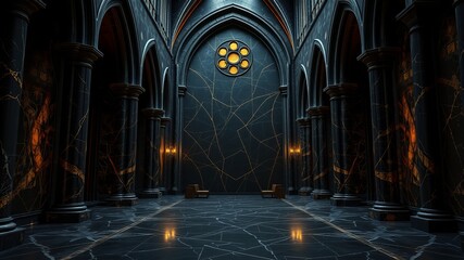 A dark gothic cathedral interior features marble floors, arched columns, and gold veined walls creating a mysterious and elegant atmosphere.