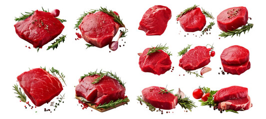 Fresh Cuts of Beef with Herbs and Spices on White Background, Isolated on Transparent, white background