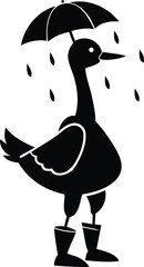A cute duck standing in the rain, wearing boots and holding an umbrella silhouette and line art vector illustration, duck standing in the rain, wearing boots and holding an umbrella vector icon design