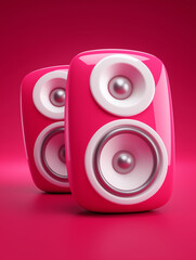 Pinke Lautsprecher auf leuchtend rotem Hintergrund, modernes Audio-Equipment in knalliger Farbgebung.