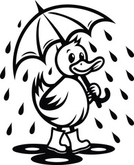 A cute duck standing in the rain, wearing boots and holding an umbrella silhouette and line art vector illustration, duck standing in the rain, wearing boots and holding an umbrella vector icon design