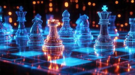 A chessboard with futuristic holographic pieces floating midair, depicting an intense game, neon blue and orange glow, cyberpunk style, highly detailed, digital illustration