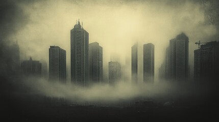 Obraz premium Metropolitan silhouettes obscured within an eerie smog-laden landscape