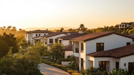 Luxury residences basking under golden sunlight, surrounded by verdant landscape
