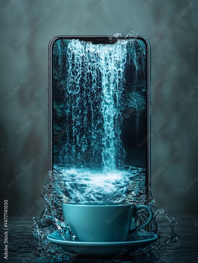 Poster captivating waterfall cascading over rocks in a serene natural setting with vibrant refreshing color
