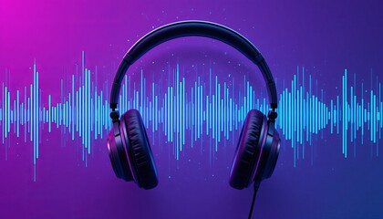 Headphones with soundwaves on a vibrant purple background, podcast banner design.