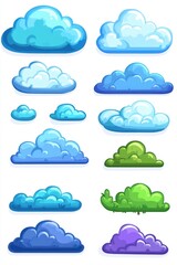 Obraz premium Cartoon Clouds Collection Graphic Elements Illustration Different Shapes and Colors on White Background Isolated Design