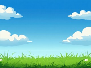 Fototapeta premium Cartoon landscape of green grass and blue sky with clouds in sunny day illustration vector background