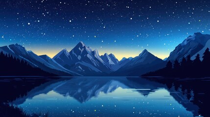 Serene mountain lake reflects a starry night, embracing peacefulness