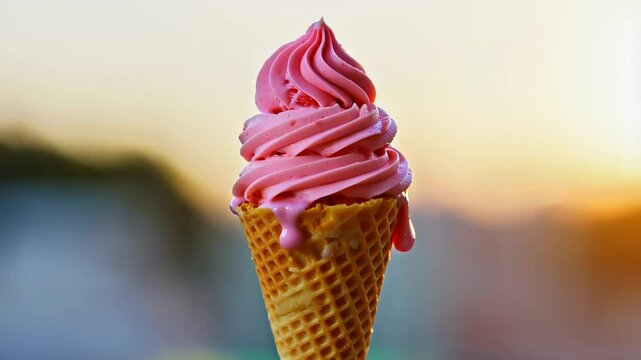 Close-up of creamy strawberry ice cream swirled in crisp waffle cone with sugar crystals on warm gradient background. Concept of sweet indulgence and joyful summer refreshment