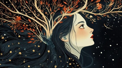 Woman with autumnal tree-like head
