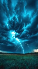 Fototapeta premium Dramatic Lightning Strike Over Field During Stormy Weather from Low Angle in Rural Location