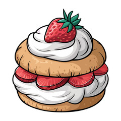 Strawberry shortcake dessert with whipped cream on white background in doodle vector style
