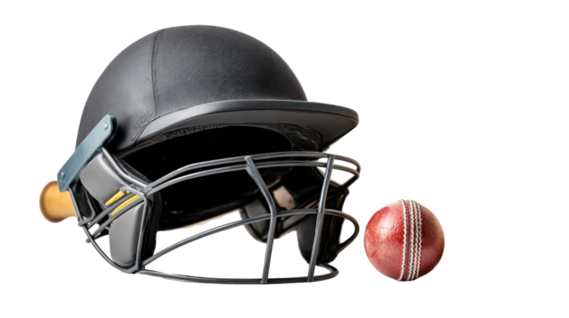 Black Cricket Helmet with Bat and Ball Isolated on Transparent Background