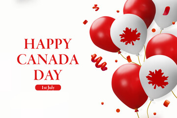 3d banner for Happy Canada Day. Balloons with maple leaf. Patriotic poster is symbol of freedom. National colors concept design. Independence day greeting card. Three-dimensional vector illustration.