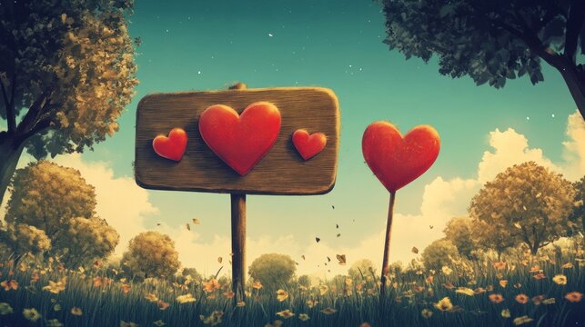 Wooden sign with hearts in a dreamy garden - Powered by Adobe