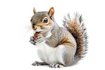 Obraz premium A curious squirrel with bright eyes, clutching an acorn, sitting against a pure white backdrop
