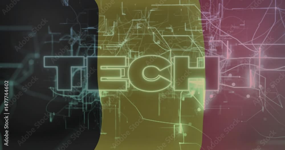 Poster glowing tech letters being visualized on stylized neon circuit grid featuring vertical color bands