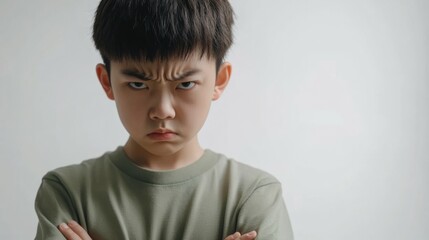 Angry boy isolated on a white background with copy space, Asian