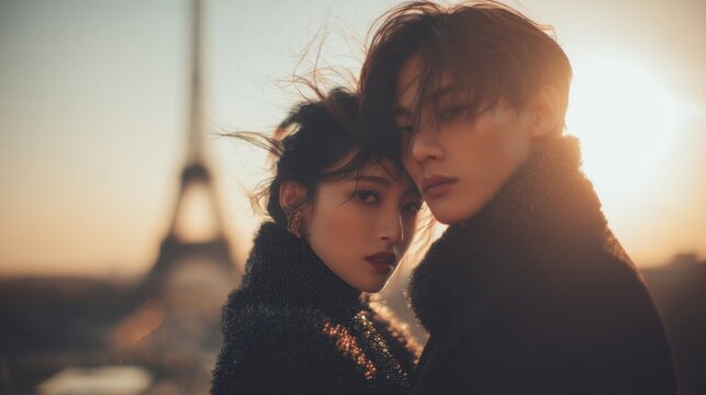 Photorealistic Chinese fashion model couple at Paris Eiffel Tower during golden hour sunset, elegant haute couture outfits.