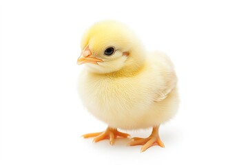 Obraz premium A cute baby chick with soft yellow feathers, isolated on a clean white background