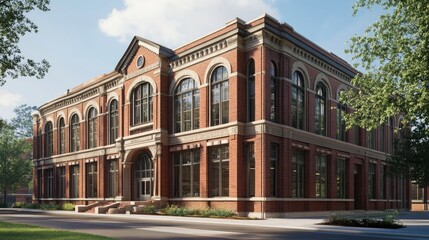 Fototapeta premium Classic Brick Building, Architectural Exterior, Urban Scene, Sunlight