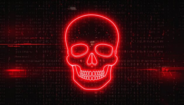 A glowing red skull with a digital background. The skull is a symbol of death and danger, but also represents the power of technology and the potential for both good and evil.