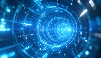 Abstract blue glowing spiral tunnel. Futuristic digital technology background.  