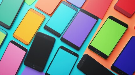 Many colorful smartphones lying on colorful background with blank screen