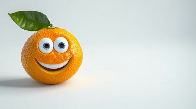A smiling orange with large cartoon eyes and a green leaf on a white background