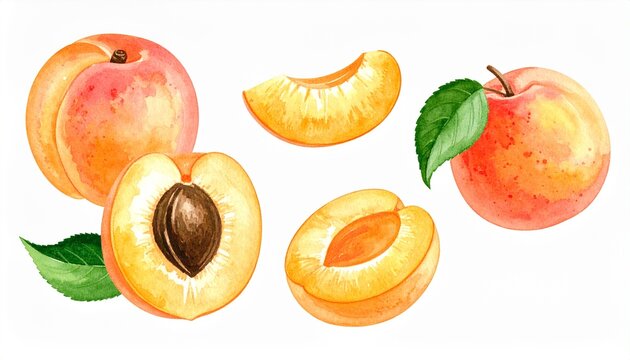 hand drawn watercolor apricot fruit isolated on white background