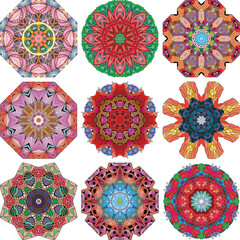 Set of colorful cute Mandalas. Decorative unusual round ornaments.