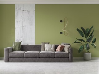 Mock up of a bright living room with a large comfortable sofa and a stylish decorative background, 3D rendering.