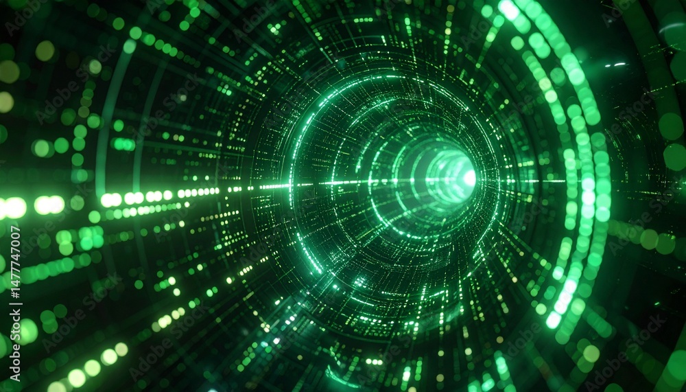 Poster an abstract, futuristic, tunnel with a glowing green light, full of binary code, perfect for technol