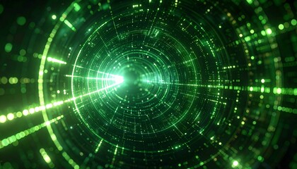 Obraz premium A green and black futuristic abstract tunnel that glows in the center. There is an abstract glowing line shooting down the tunnel.