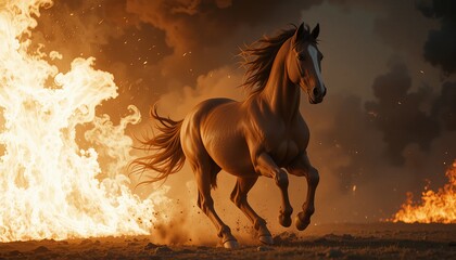 Horse running between fire flame.