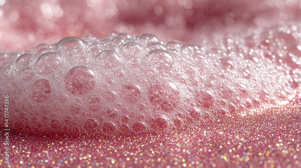 Poster a close up of pink glittery surface with bubbles on top creating a textured background effect